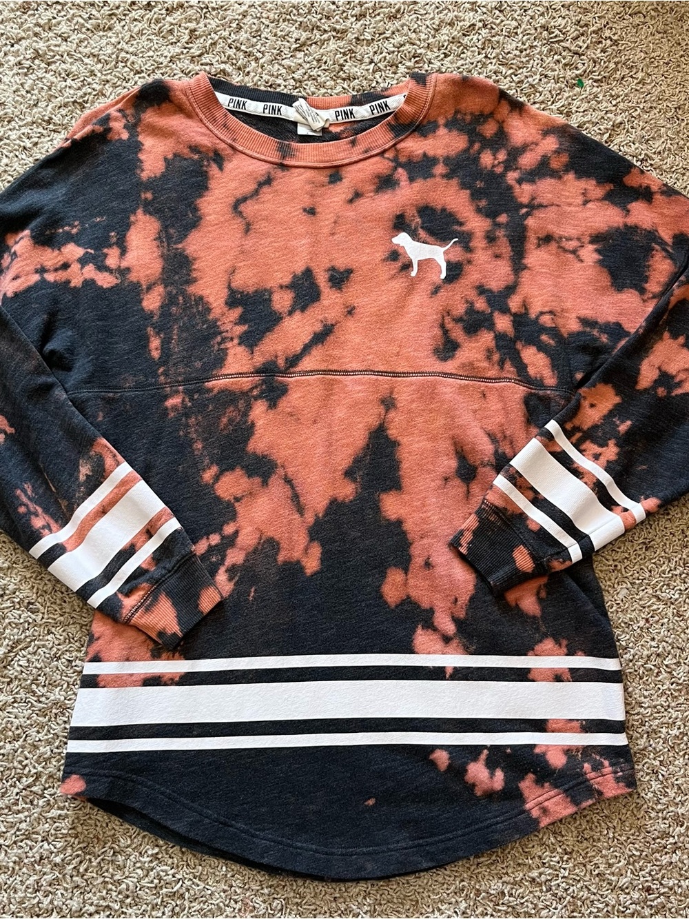 Victorias Secret PINK Varsity Crew Spirit Jersey Shirt Bleached Tie Dye